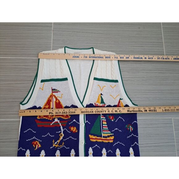 Vtg Women's Nautical Sweater Vest Med Sailboat Cable Knit Multicolor Kitchy - Picture 7 of 10